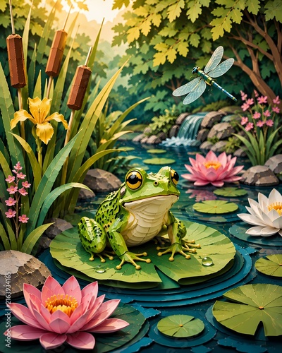 Cute Green Frog on Lily Pad in Peaceful Pond with Water Lilies and Dragonfly