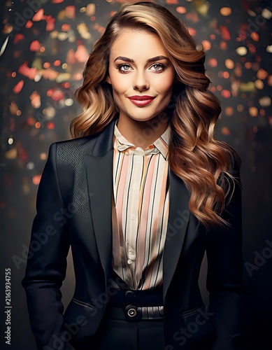 Professional Businesswoman in Stylish Blazer and Striped Shirt Portrait.