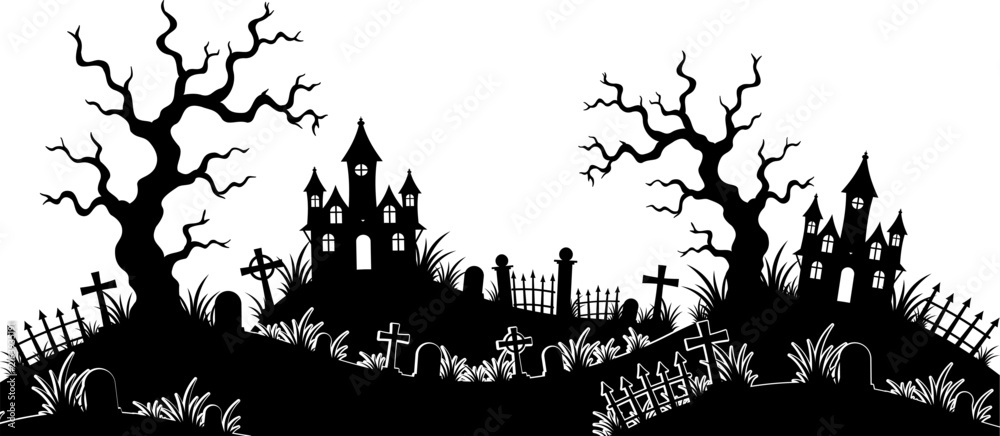 Fototapeta premium Haunted Cemetery Landscape with Spooky Trees, Graveyard, Haunted Houses and Tombstones Halloween Vector