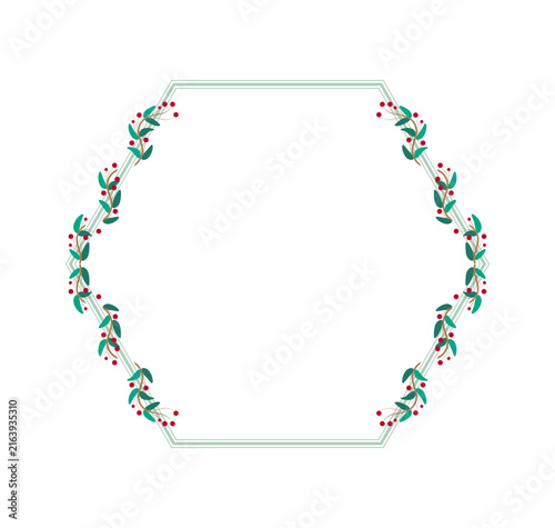 Green Hexagon Border Frame With Plant Leaves And Red Cherry Berry