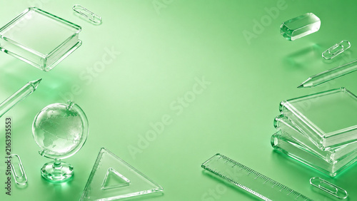 Modern green education background with glass books, globe, pencils, rulers and paper clips framing central copy space for school, university and e-learning designs.