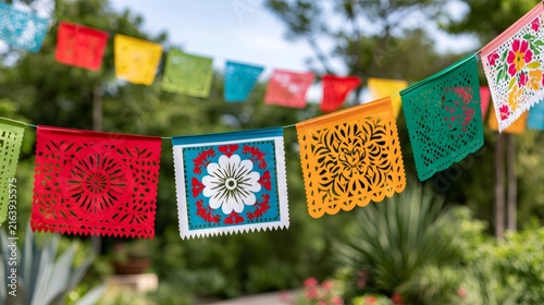 Papel picado string creating festive Mexican celebration background