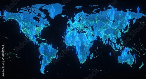 Blue glowing map on dark background, globe continents countries