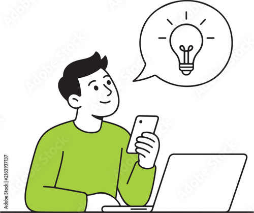 A young man sitting at a desk with a laptop holding a smartphone and having a bright idea