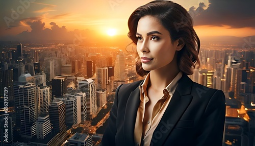 Professional Businesswoman Standing Against Cityscape Skyline at Sunset.