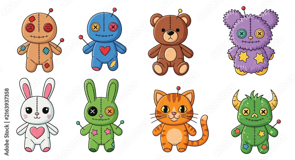 Fototapeta premium Collection of eight adorable and quirky character illustrations in vector EPS format, featuring unique whimsical designs isolated on a white background for graphic design.