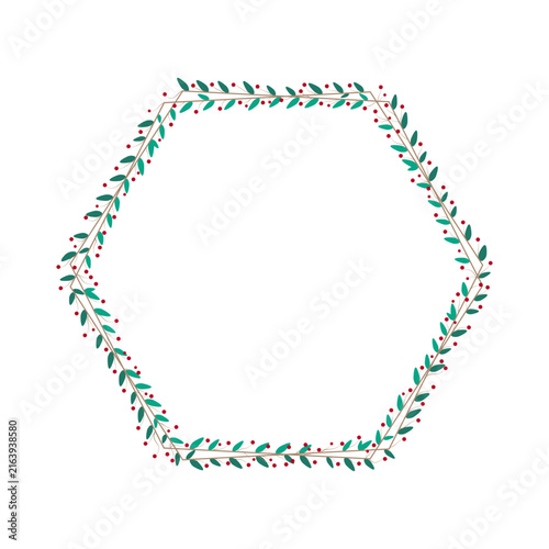 Hexagonal Border Frame Decorated With Flora Green Leaves And Red Cherries