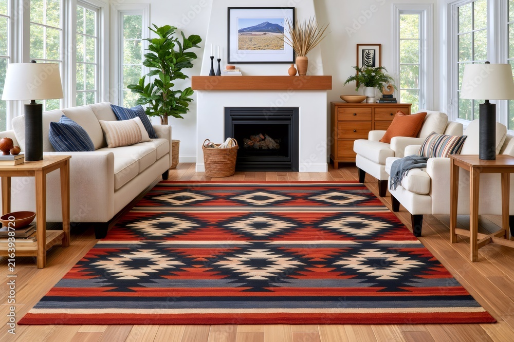 Fototapeta premium Southwestern geometric rug warming a cozy living room