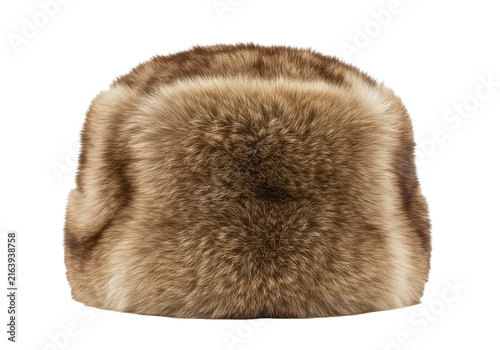 Furry brown and beige trapper hat with ear flaps in a front view isolated white background