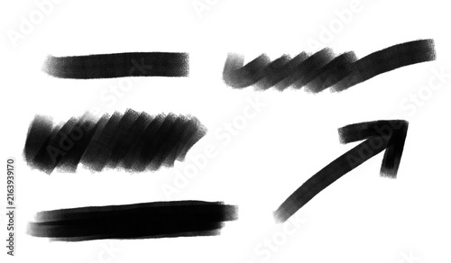 Canvas Print Black Marker Strokes and Arrow: A collection of bold black marker strokes and an arrow symbol, rendered with a rough, hand-drawn texture, representing emphasis or direction