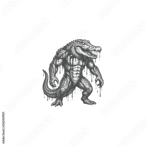 Strong Crocodile Warrior Monster Drawing with Liquid Drips
