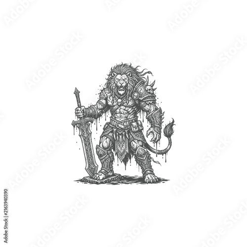 Lion Warrior in Viking Armor with Greatsword Line Art
