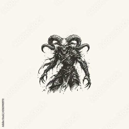 Dark Horned Demon Skeleton Sketch Illustration