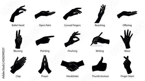 Collection of hand gestures and mudras in black silhouette style on a white background for design projects