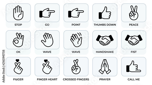 Set of various hand gestures and finger signs showing different communication signals and nonverbal language icons