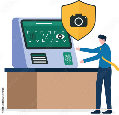 Professional using biometric facial scanner terminal with security shield icon