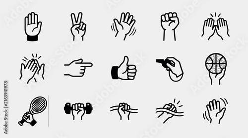 Set of hand gesture icons and sports equipment silhouettes in a simple hand drawn doodle style