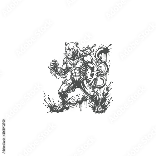 Muscular Anthropomorphic Panther Warrior with Ink Splash Art