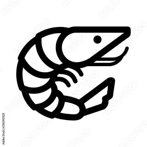 Black outline icon of a cooked shrimp facing right on white background with crustacean illustration ingredient