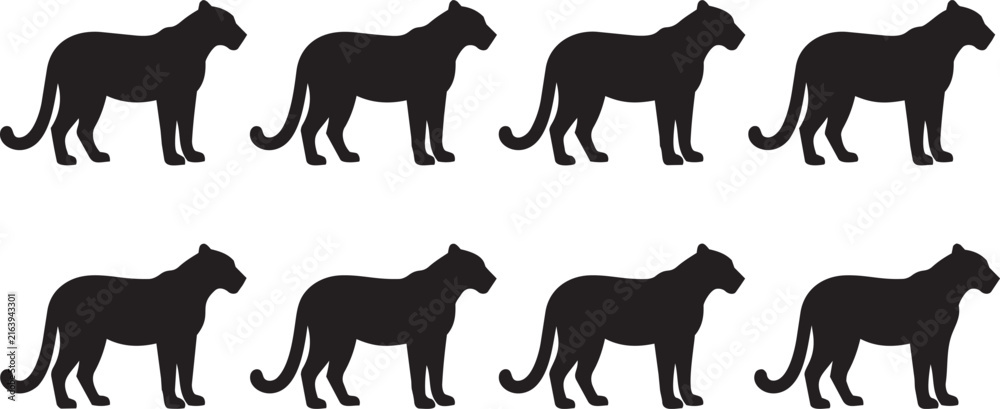 Obraz premium Black and White Silhouette Leopard Cats Standing in Various Poses for Vector Illustration and Design Use