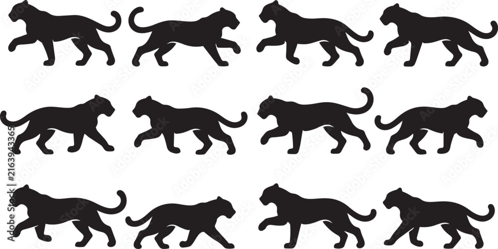 Obraz premium Black and White Silhouette Leopard Print Running Cats Motion Sequence Vector Illustration for Design Projects