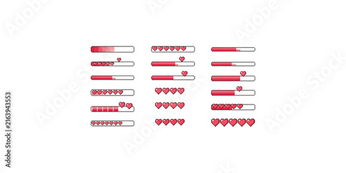 Fotografía Pixel art health bars and heart icons set for video game user interface design assets