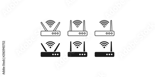 Cuadro en lienzo Network router wireless communication icons set with connectivity signal waves for office infrastructure and web interface design