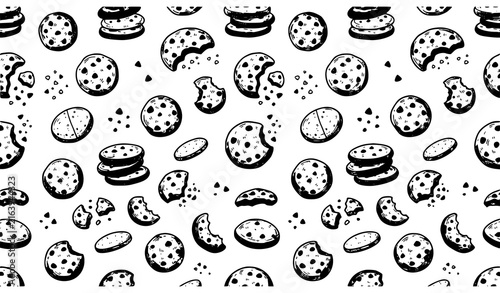 Chocolate Chip Cookies Seamless Doodle Pattern with Hand Drawn Biscuits and Sweet Bakery Elements