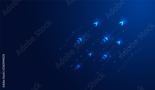 Business growth strategy background with rising moving arrows and future technology innovation isolated on blue vector background