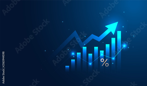 Blue rising arrow graph and chart for business finance with growth financial success isolated on vector background