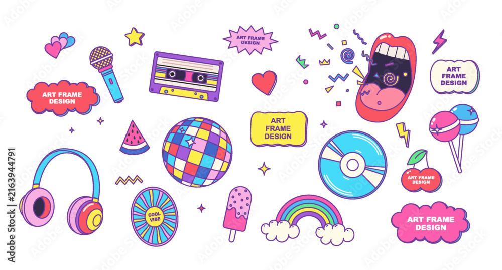 Fototapeta premium Bright retro pattern with music and summer elements fun pop Art design. Colorful 80s 90s, 2000s style icon set: Music, sweets, and joy, retro vibes. Creative collection with pop culture musical 