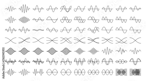 Set of sound wave and frequency audio signal line vector icons with wave icon