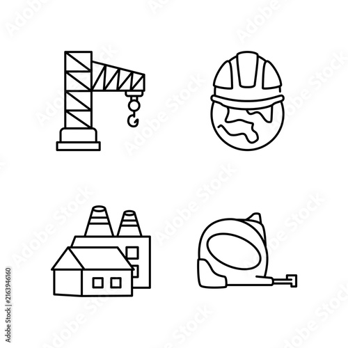 Industrial and construction icon set featuring tower crane, factory building, measuring tape, and Labor Day celebration