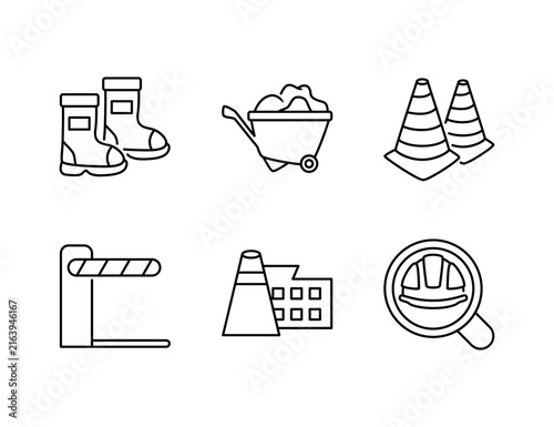 Construction safety equipment icon set featuring work boots, wheelbarrow, traffic cone, entrance boundary, and helmet inspection