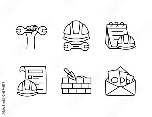Construction and labor industry icon set featuring safety hardhat, employment contract, wrench tool, bricklaying, and payday schedule