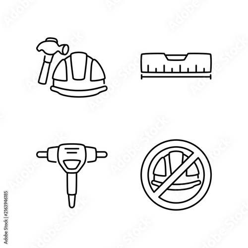 Construction tools and safety icon set featuring protective helmet, hammer, spirit level, cordless drill, and no helmet prohibition sign