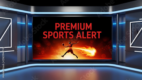 Premium Sports Alert television news broadcast studio, dynamic broadcast graphic template with fire trail athlete silhouette, modern sports media presentation background design