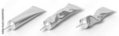 Metal eye cream squeeze tubes with long nozzle tips. 3D set of silver aluminum containers, cosmetic packaging mockups for skincare product, hair oil applicator, liquid medicine, glue. 3D illustration
