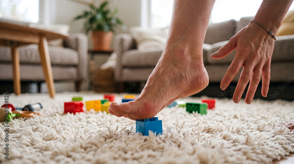 Fototapeta premium Close up of a bare foot stepping on a plastic toy block on a carpet.
