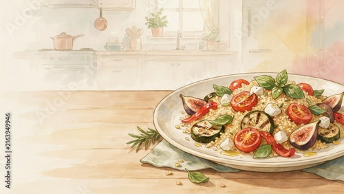 A national dish of Italian cuisine. 
Insalata di couscous is a refreshing dish in which crumbly couscous is combined with tomatoes, cucumbers, aromatic mint, and olive oil. Photo with space for text. 