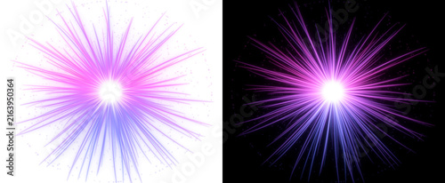 Fiber optic light burst effect, glowing purple magenta neon rays exploding from bright center on transparent background