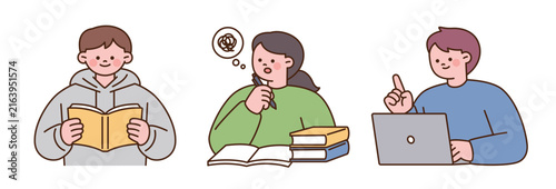 College students reading, studying with books, and learning on a laptop in a simple outlined illustration style.