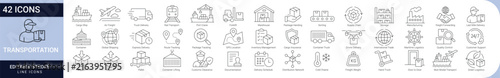 transportation and logistics icon set. collection of cargo, freight, shipping, warehouse, delivery, tracking, supply chain, and transportation icons. editable stroke. vector icon collection.