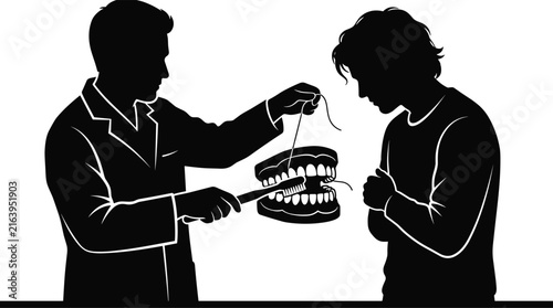 Dentist Examining Patient Teeth with Dental Model Silhouette Vector
