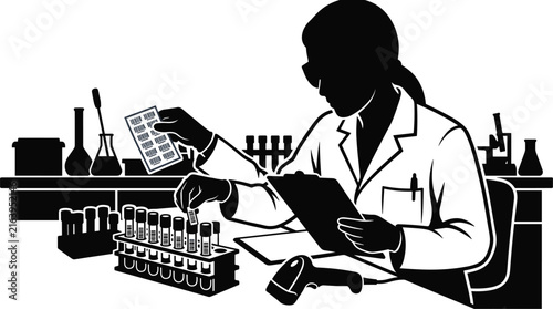 Scientist Conducting Laboratory Research with Test Tubes and Digital Tablet