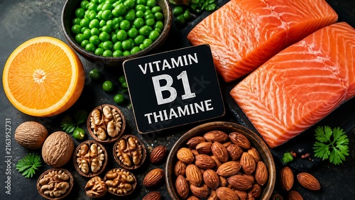 Top view of healthy foods rich in vitamin B1 thiamine including salmon fish nuts peas and orange