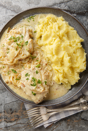 Zwiebelschnitzel is a delicious German schnitzel with aromatic onion sauce with mashed potatoes closeup on the plate on the table. Vertical top view from above
