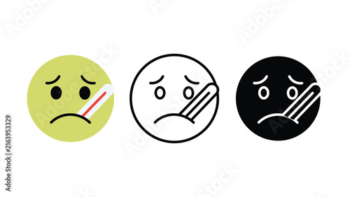 Sick fever face emoji health icon set outline silhouette and color vector isolated on white background