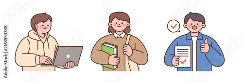 Cute flat vector college student illustrations using a laptop, carrying books and completing assignments. Hand-drawn editable clipart.