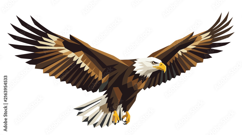 Obraz premium Bald eagle soaring in flight with wings spread against white background vector illustration